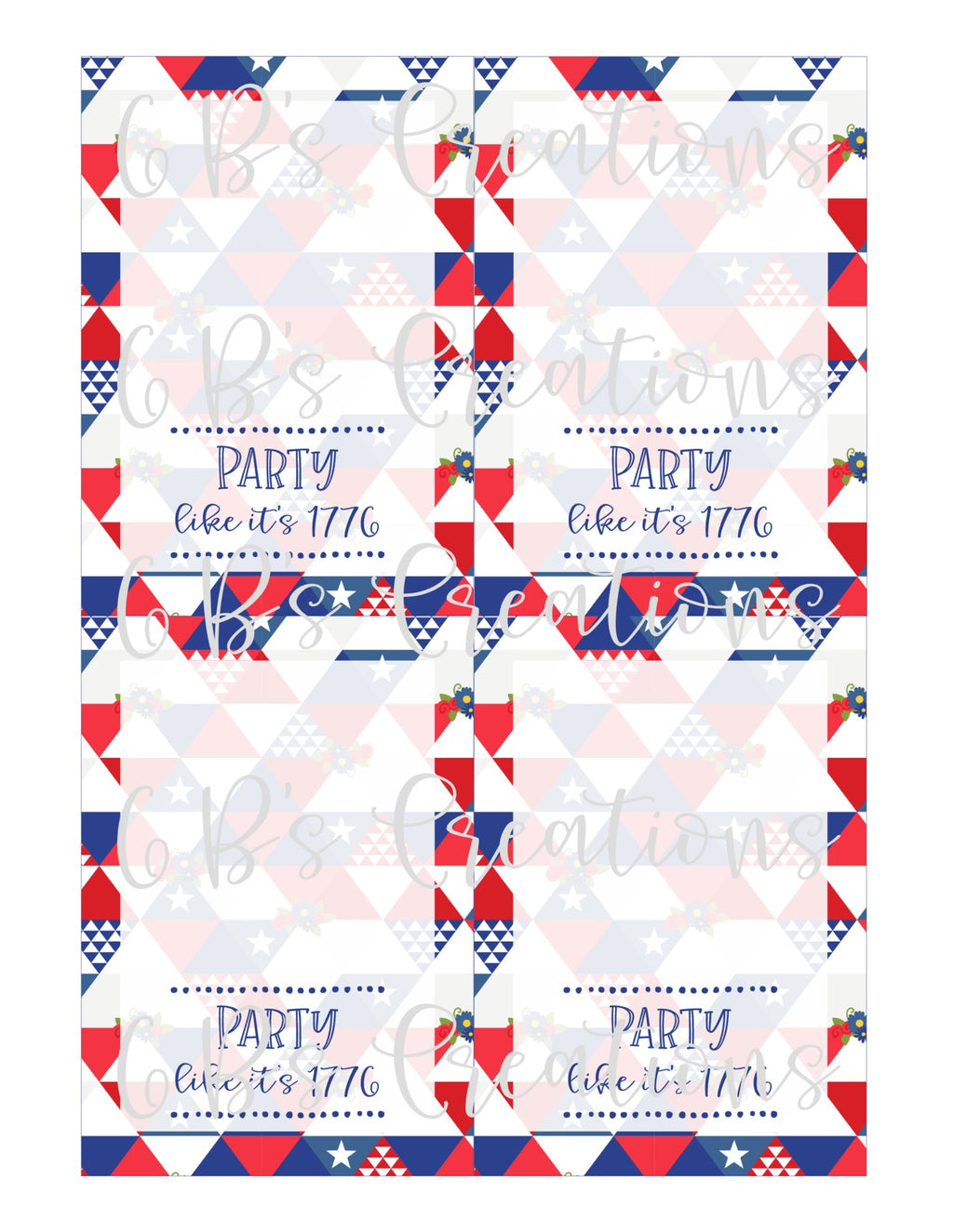 4th of July (Party like it's 1776) Printable Cookie Card