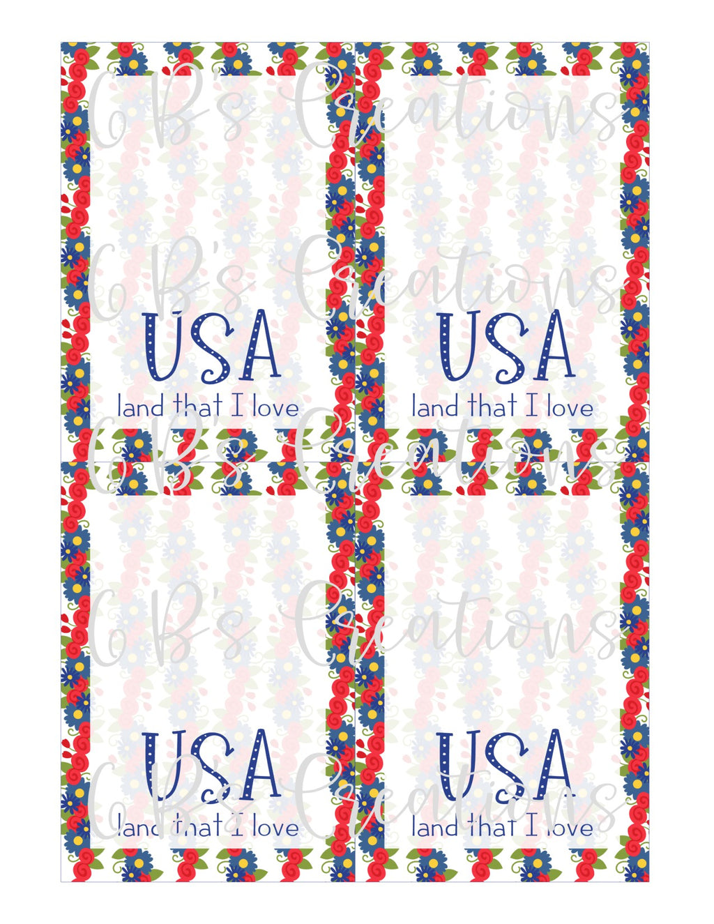 4th of July (Land that I love-floral) Printable Cookie Card